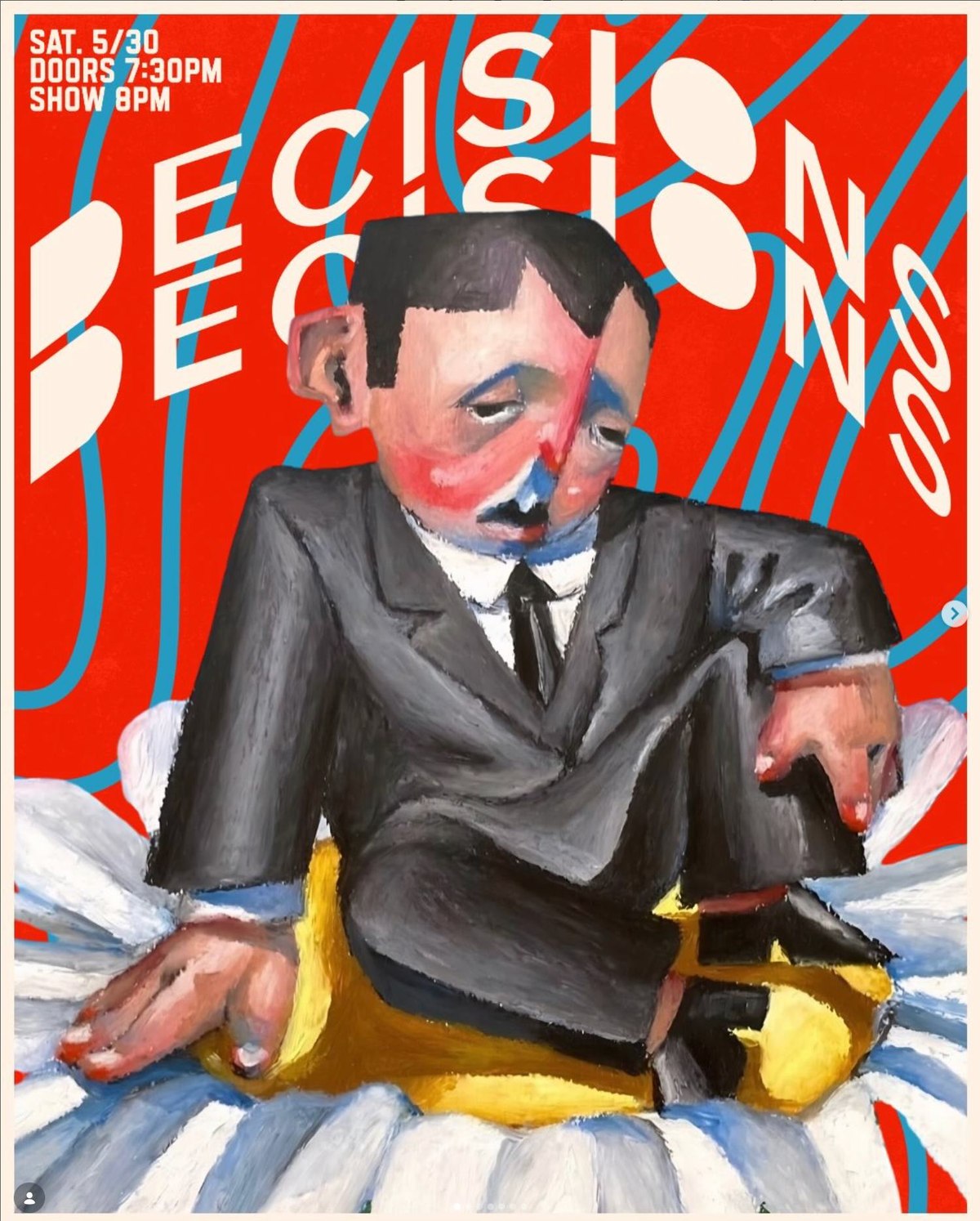 Hand-painted poster art for Decisions, Decisions, a comedy show.